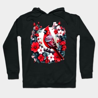 Cute Northern Cardinal Surrounded by Vibrant Spring Flowers Hoodie